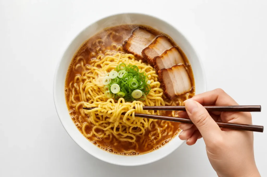 Overhead shot of ramen with pork and green onions being eaten with chopsticks