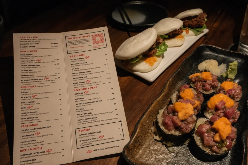 Japanese-inspired dishes and menu at Neon Pigeon Singapore