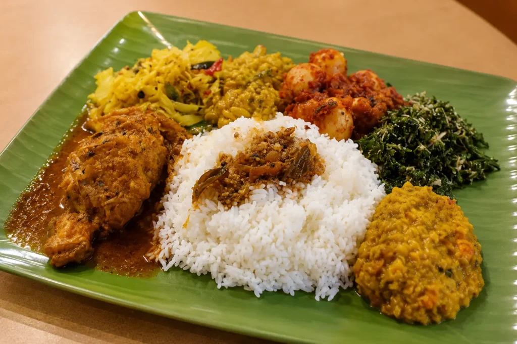 A green square plate featuring a traditional South Indian meal with white rice, chicken curry, dhal, and various vegetable sides