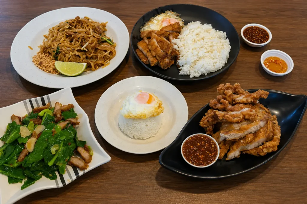 Thai food spread including pad thai, fried rice with egg, crispy pork, and stir-fried vegetables