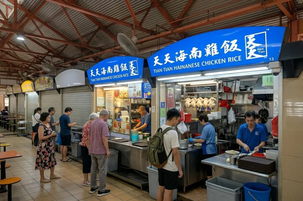 Customers queuing at the famous Tian Tian Hainanese Chicken Rice stall in a hawker centre, with staff preparing food and chickens hanging in the background