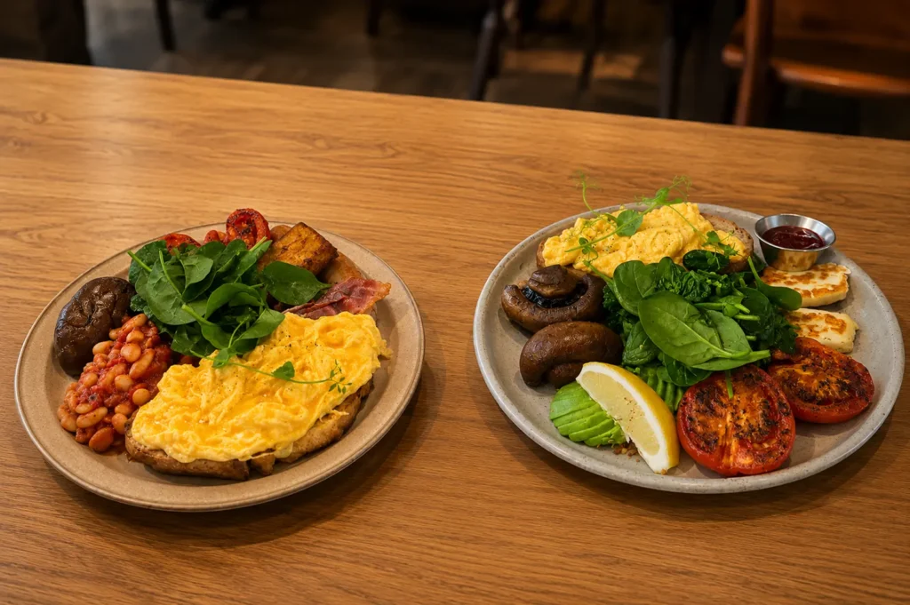 Two brunch plates with scrambled eggs, beans, mushrooms, tomatoes and greens on wooden table