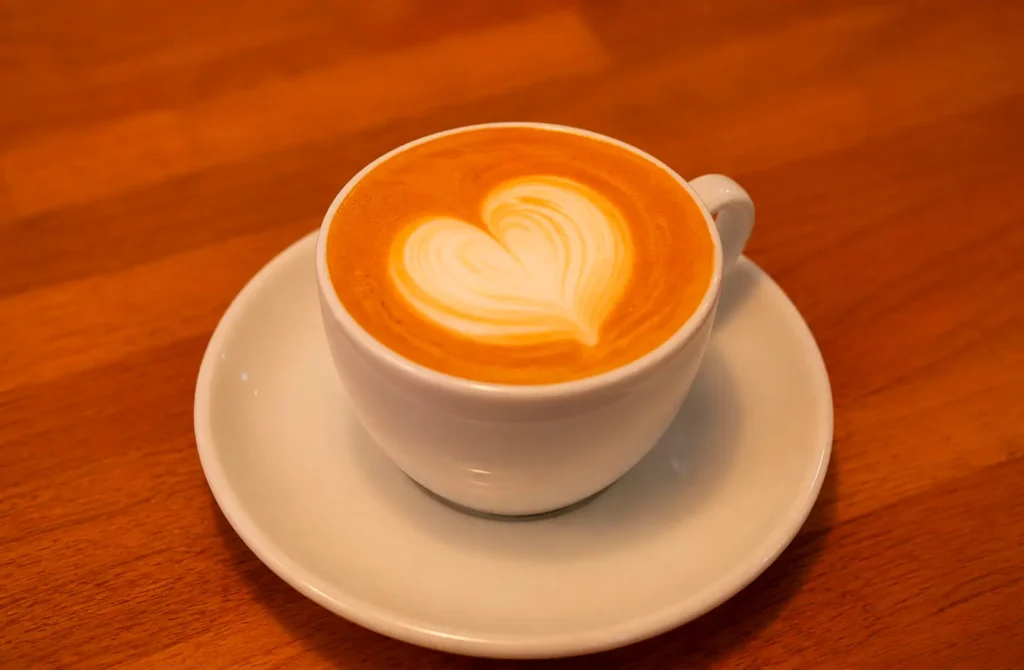 Close-up of latte with heart-shaped foam art in a cup