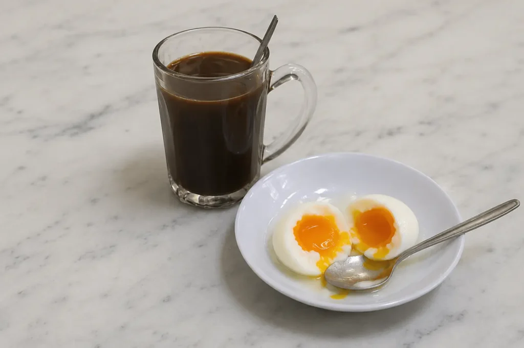 Black coffee in glass mug with soft-boiled eggs on white plate at marble table