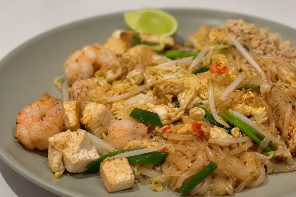 Close-up of a plate of Pad Thai with shrimp, tofu, bean sprouts, and a lime wedge