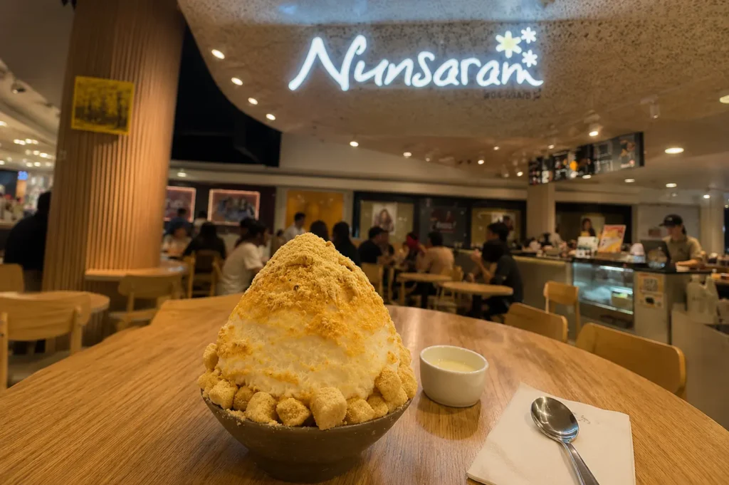 A large mound of bingsu topped with golden crumbs and mochi balls on a wooden table, with the Nunsaram neon sign in the background