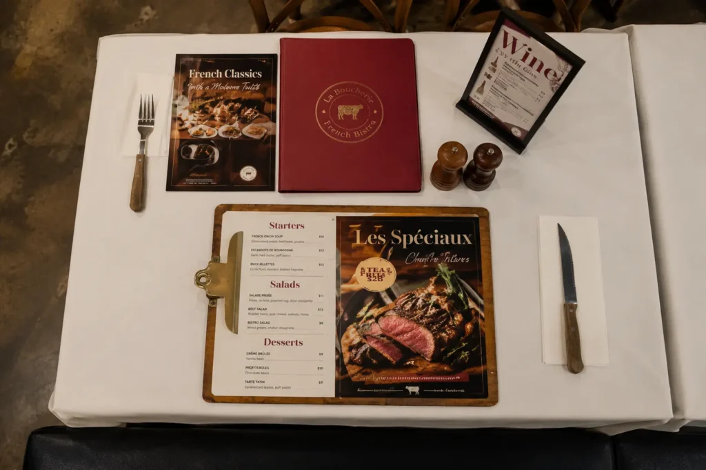 Displaying various menus including a red La Boucherie French Bistro menu and a clipboard listing starters, salads, and a steak frites special, alongside cutlery and condiments