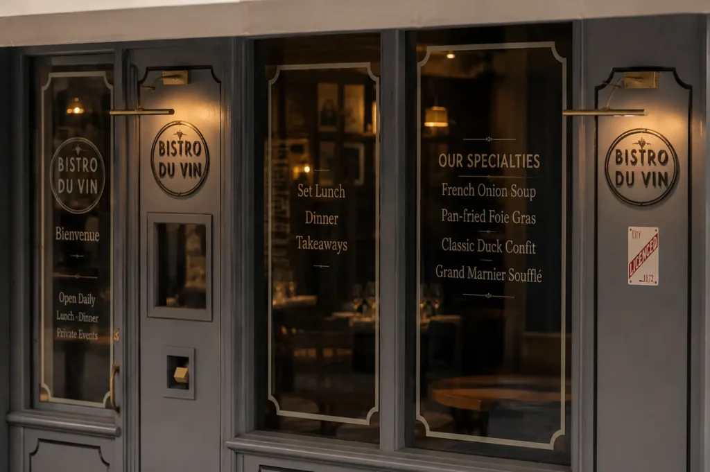 Bistro Du Vin storefront with grey facade and window text listing French specialties like duck confit