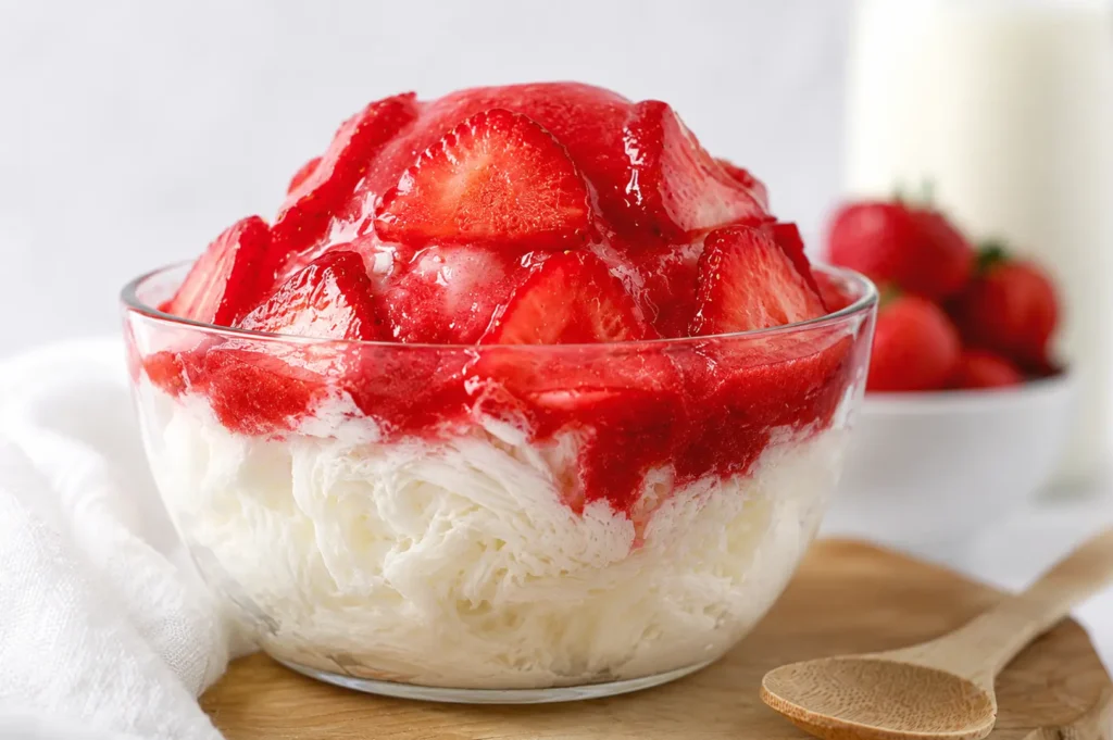 Clear glass bowl of finely shaved milk ice generously topped with fresh sliced strawberries and red syrup