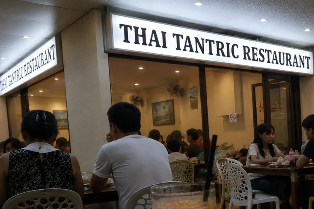 Thai Tantric Restaurant entrance with open sign and dining area visible through glass doors