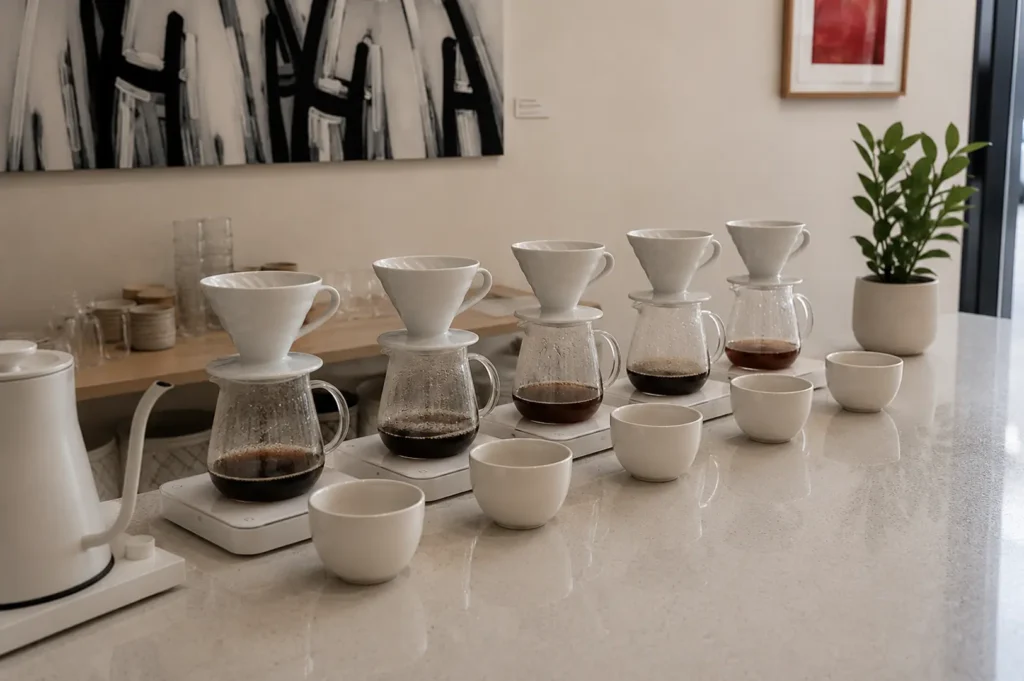 Row of pour-over coffee drippers and glass servers with tasting cups on a counter