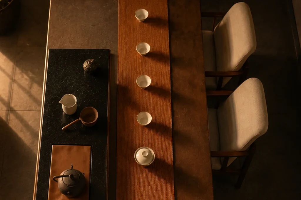 Modern minimalist café tea setting with white ceramic cups arranged on wooden table with contemporary chairs