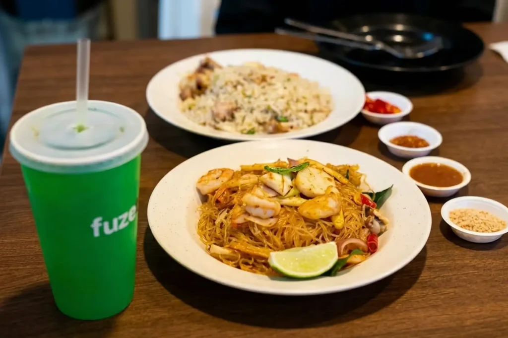 Seafood stir-fried noodles with fried rice and green drink