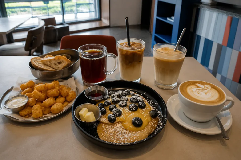 Table spread at Atlas Coffeehouse featuring blueberry pancakes, tater tots, bread, and various hot and iced coffee drinks