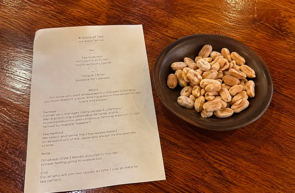 Tea tasting menu with roasted soybeans at SILK Tea Bar.