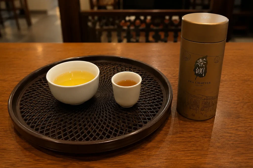 Two white porcelain teacups filled with golden tea on a dark woven tray beside a gold Tea Chapter canister with Chinese characters