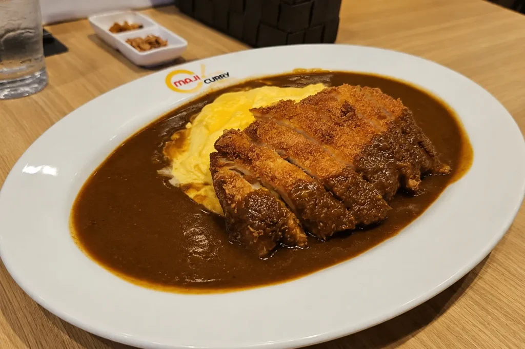 Maji Curry katsu curry dish with crispy cutlet, omelette, and Japanese curry sauce