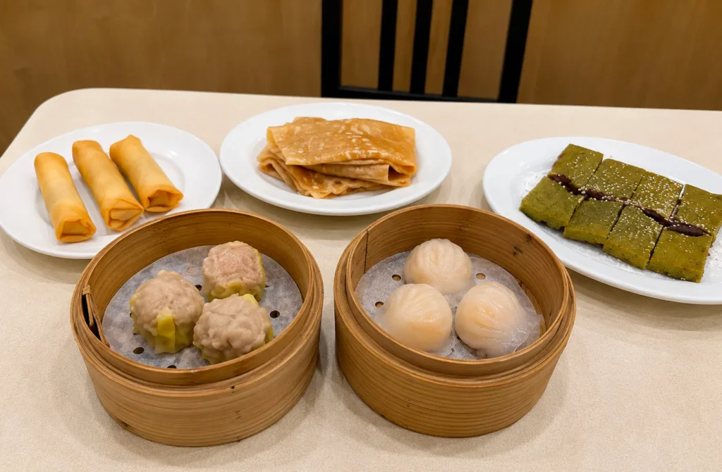 Assorted dim sum, spring rolls, and traditional Chinese desserts served for afternoon tea.