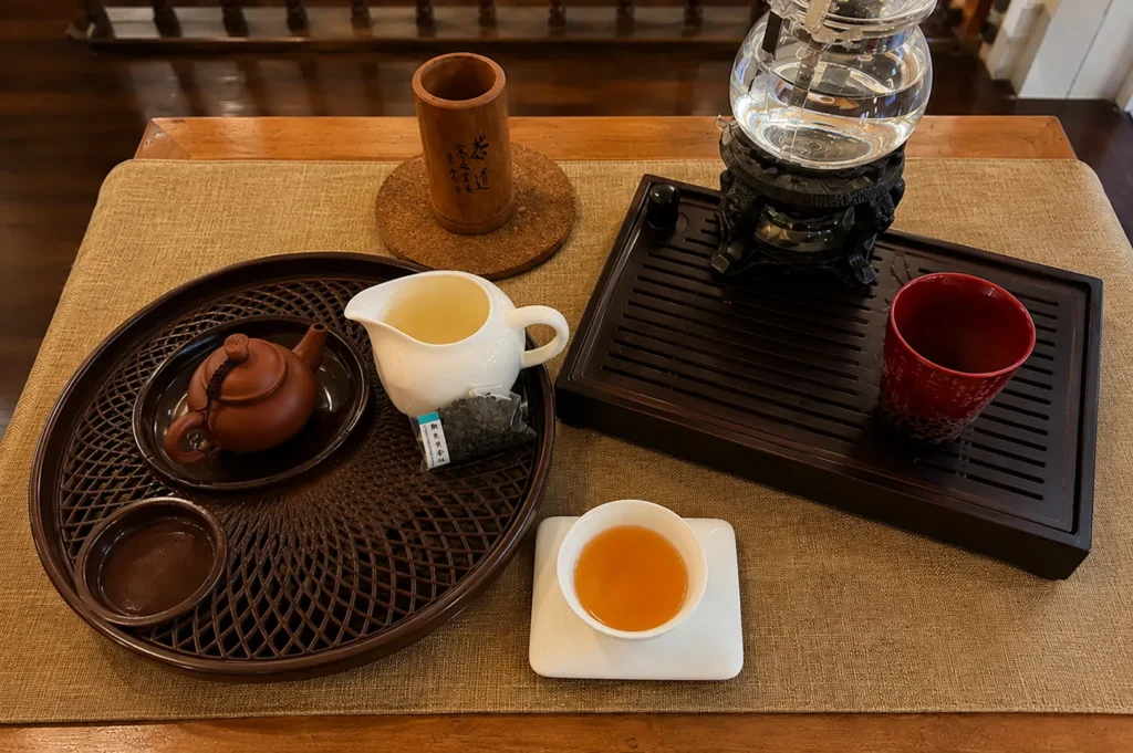 An elegant tea tasting setup with a clay teapot, glass kettle, fairness pitcher, and a cup of amber tea arranged on wooden trays